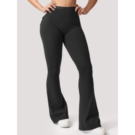 QOQ Flare Leggings with Pockets for Women Workout Scrunch Flare Leggings Tummy Control Gym Yoga Leggings Wide Leg Pants Black L