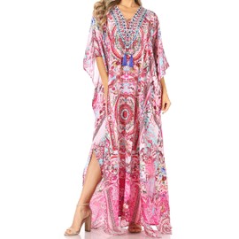 Sakkas P5 - LongKaftan Georgettina Ligthweight Printed Long Caftan Dress/Cover Up - ORPI272-Pink -OS