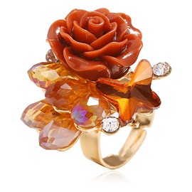 Vintage CZ Rose Flower Butterfly Open Band Ring for Women Gold Plated Boho Cubic Zirconia Exaggerated Statement Adjustable Expandable Finger Rings Comfort Fit Birthday Party Jewelry (Brown)