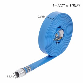 1.5 Inch x 100FT PVC Irigation Backwash Hose, Heavy Duty Reinforced Drain Pool Hoses for Swimming Pools, With Two Blue Aluminum Connectors
