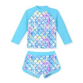 Girls Two Pieces Rash Guard Swimsuit 5t 6t Blue Mermaid Scales Long Sleeve UPF 50+ Bathing Suit Quick Dry Breathable Swimming Sets for Kids Girl Size 6