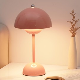 Flowerpot Cordless Lamp, Dimmable Rechargeable Touch Lamp, Battery Operated Lamp, Cute Mushroom Small Lamp for Nightstand, Modern Table Lamp for Indoor Outdoor(Pink