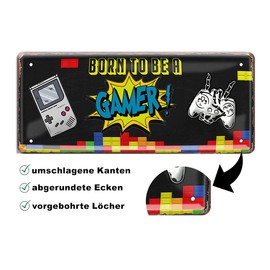 schilderkreis24 Tin Sign Funny Gaming Saying "Born to be a Gamer" Decorative Player PC Console Game Computer Vintage Retro Metal Sign Gift Idea Birthday Christmas Console Player 28 x 12 cm