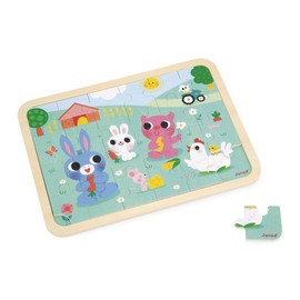 Janod J07126 Wooden Puzzle 24 Pieces Children from 4 Years Theme Farm Model incl. + Game of 5 Errors on the Tray Promotes Concentration and Observation FSC Product J07126, Green