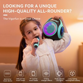 All Rounder Karaoke Machine for Kids Teens, Portable Bluetooth Karaoke Speaker with Two Mics, Voice Changer, Light Effect, Bass Tremolo, Gifts Toys for Girl, Supports USB/TF/AUX for Home Party (Green)