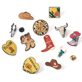 Boutigem 12Pcs Cowboy Theme Enamel Pins Cute Cowboy Boots Shoes Hat Cattle Head Cowgirls Heart Brooch Badges Brown Western Cowboy Lapel Badges for Backpack Bags Hats Clothing Decorative Supplies