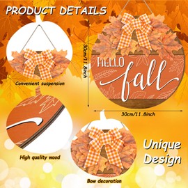 Moucuny Hello Fall Sign for Front Door Autumn Wooden Hanging Sign Fall Wreaths Maple Leaves Welcome Sign with Bow Welcome Sign Farmhouse Fall Sign for Thanksgiving Home Harvest Front Porch Decor