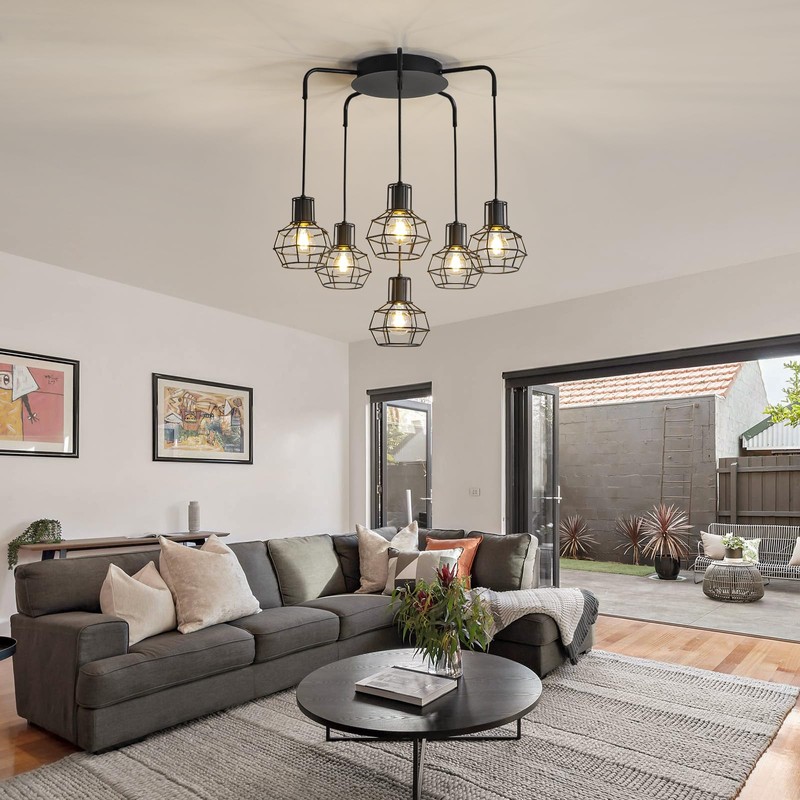 6-Light Pendant Light Fixtures, Industrial Farmhouse Hanging Lighting, Black Metal