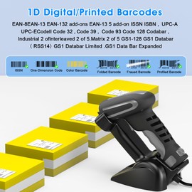 Symcode Upgraded 1D Industrial Barcode Scanner with Wireless Charging Stand 1968 Feet Transmission Distance 433Mhz Wireless & Bluetooth Barcode Scanner 1D Laser Hands-Free Barcode Reader Black