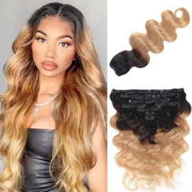 LUMIERE Clip In Hair Extensions Real Human Hair, T1B/4/27 Body Wave Seamless Human Hair Clip In Extensions Balayage Hair Extensions 120g 8pcs Per Set 18 Inch