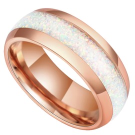 Reseldda Crushed Opal 8mm Rose Gold Plated Tungsten Rings for Men Women - White Opal Eternity Men's Tungsten Wedding Bands - Dome Polished Tungsten Carbide Promise Bands for - Men's Daily Wear Birthstone Ring Gift Size 11