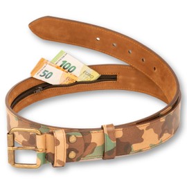 comari Premium Men's Leather Money Belt Travel Belt with Secret Compartment, Camouflage Beige