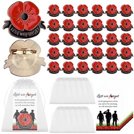 30 Set Memorial Day Poppy Pins Lapel Brooches with Lest We Forget Card Organza Bag Red Poppies Flower Apparel Badges Pin for Veterans Remembrance Day Party Favor Souvenirs Women Men Soldier (Style 2)