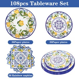 108Pcs Capri Lemon Party Plates Supplies Capri Yellow Lemon Party Plates Supplies includes Lemon Plate and Napkins Blue Tiles Mediterranean Parties Decor for Kids Birthday Baby Shower, Serves 36