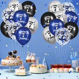 RUMIA Blue 7th Birthday Balloons 24Pcs Navy Blue Black Silver Happy 7th Birthday Latex Balloons Confetti Balloons for Boy Girls 7th Birthday Anniversary Party Decorations Supplies 12 inches