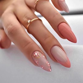 Press on Nails Medium Almond Pink Fake Nails Full Cover False Nails with Flower Designs Glitter Glossy False Nails with Nail Glue Acrylic Artificial for Women and Girls 24Pcs