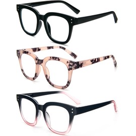 REAVEE 3 Pack Retro Oversized Reading Glasses for Women Blue Light Blocking Cute Stylish Large Frame Square Computer Readers Eye Protection with Spring Hinge,Black Pink BlackPink,1.5