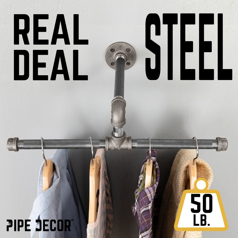 PIPE DECOR Black Steel Wall-Mounted Tee-Style Clothing Rack Kit, DIY