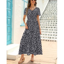 Zattcas Summer Maxi Dresses for Women 2025 Short Flutter Sleeve V Neck Smocked Waist Tiered Flowy Modest Boho Casual Long Floral Dress with Pockets Black DD S