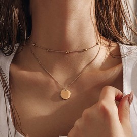 Inateannal Boho Layered Disc Pendant Necklace Gold Satellite Choker Necklace Bead Station Chain Necklace Small Round Disc Necklace Jewelry for Women