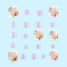24Pcs White French Tip Toe Nail Press Ons Short Square Fake Toe Nails Summer Flowers False Toenails Full Cover Glossy Toe Nails Cute Purple Toenails For Pedicure Decorations