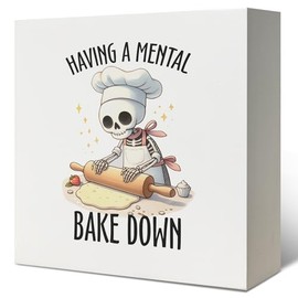 LUKIPOM Funny Kitchen Signs, Having a Mental Bake Down Skeleton Funny Wooden Box Sign, Gifts for Bakers, Funny Baking Wood Sign for Home Kitchen Bakery Desk Shelf Table Decor, 5x5 Inch