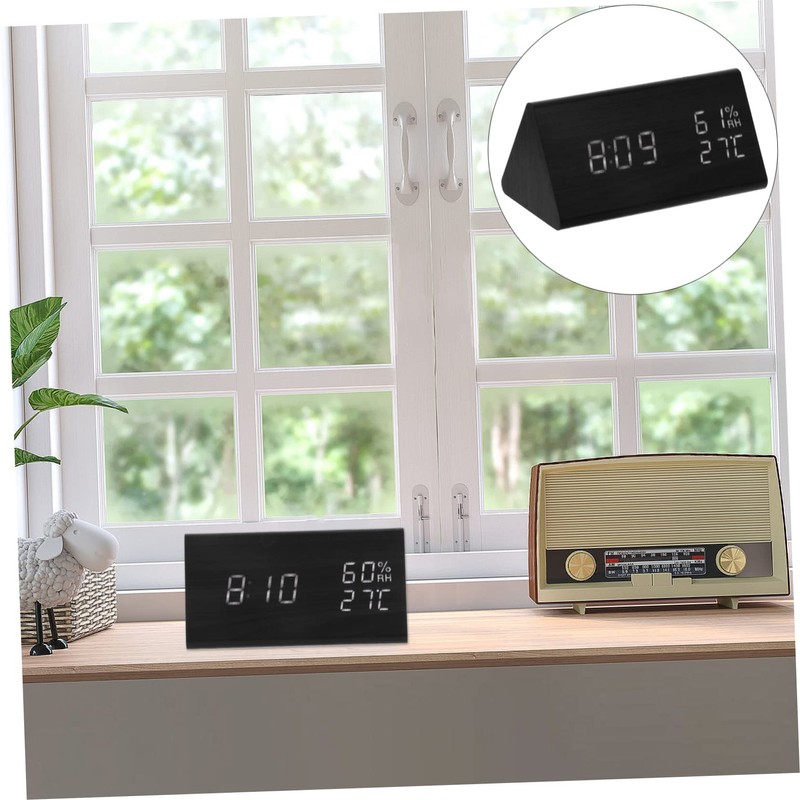ABOOFAN Wooden LED Alarm Clock with Sound Control Temperature Humidity