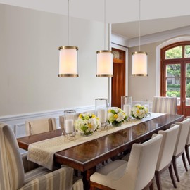 Dijiahua Gold Pendant Lights Kitchen Island Over Table 3 Pack,Modern Brass Mini Chandelier for Dining Room,Adjustable Cord Ceiling Hanging Light Fixtures with White Fabric and Clear Acrylic Shade