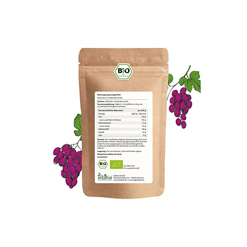 eltabia Bio Traubenkernmehl OPC 1kg Traubenkern Extrakt Pulver Premium Rohkost