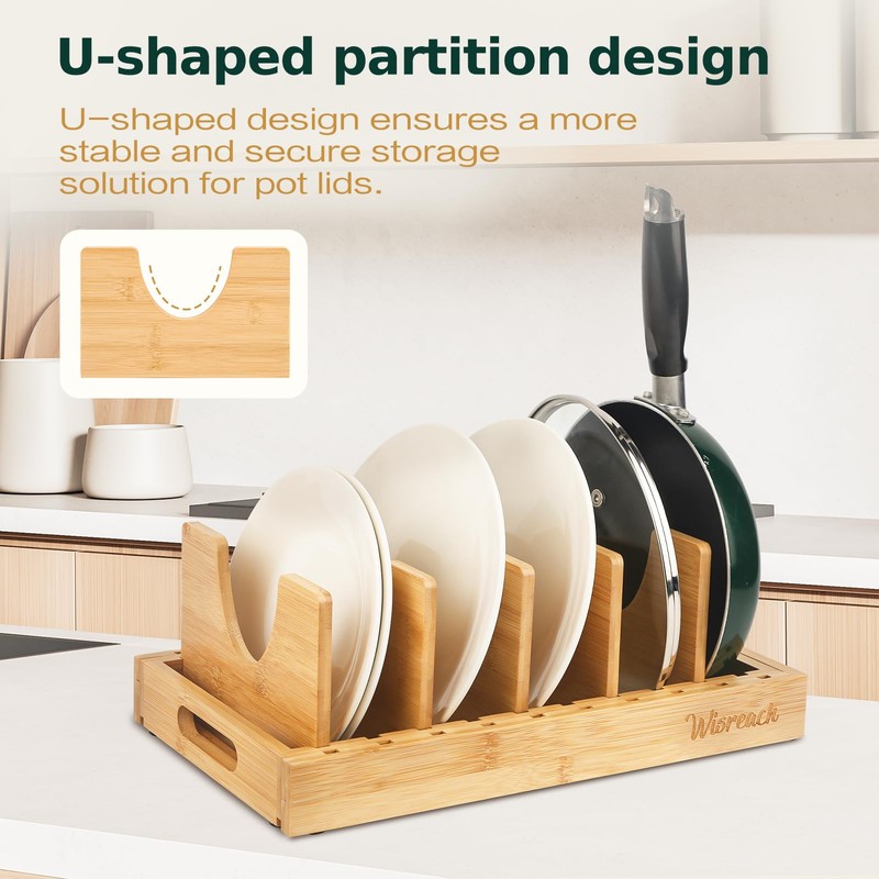 Wisreach Bamboo Pot Lid Organizer, Adjustable Kitchen Organizer for Cabinet,