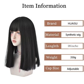 HUAISU Long Black Straight Hair Wig with Bangs Synthetic High Density Long Hair Wig for Women (Natural Black, 18inch)