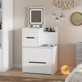 Timechee Vanity with Mirror and Lights, Cute Girl Make up Vanity Desk, Foldable Makeup Table with 2 Drawers, Hidden Chair, Socket and Wireless Charging for Bedroom, Dressing Room, White