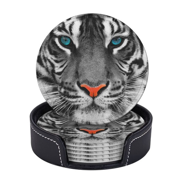 Coasters for Drinks,Round PU Leather Coaster with Holder,6 PCS Heat