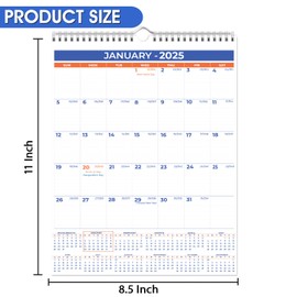 2025 Wall Calendar - January 2025 - December 2025, 12 Monthly Hanging Calendar, 2025 Planner, A4 Size 8.5" x 11", Spiral Binding, Holidays, Julian Dates, Large Blocks, Twin-Wire Binding, Hanging Hook, (3 Pack)
