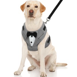 Kuoser Dog Tuxedo Harness, Adjustable Dog Harness No Pull for Small Medium Dogs, Doggie Wedding Suit with Bow Tie Party Costume, Gray L