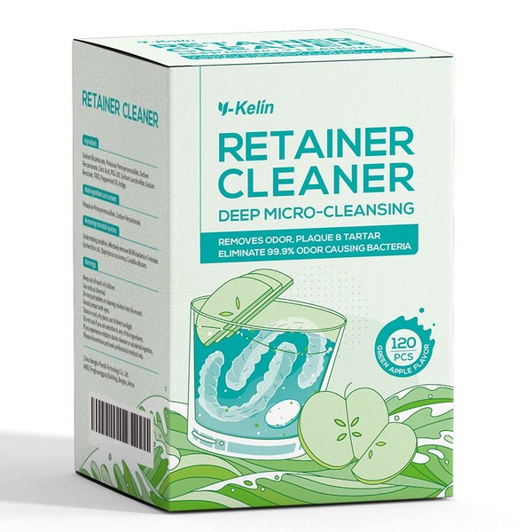 Y-kelin Retainer Cleansing Tablets-120 Tablets Retainer Cleaner 4 Months Supply-New Formulation Apple Flavor Denture,Mouth Guard Cleaner(Apple)