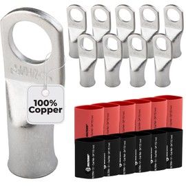 SELTERM 10pcs - 1/0 Awg - 1/2" Stud - Battery Lugs - Ring Terminal Connectors with 12pcs 3:1 Black & Red Heat Shrink Tubing with Adhesive | Heavy Duty Battery Cable Ends - Tinned Copper Wire Lugs Kit