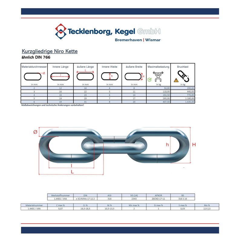 Tecklenborg Kegel GmbH V4A Stainless Steel Chain, 2.0 Metres, 3