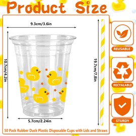 JarThenaAMCS 50Pcs Rubber Duck Plastic Cups with Lids and Straws Cute Duck Clear Plastic Cups 12oz Yellow Disposable Cups for Birthday Baby Shower Party Supplies