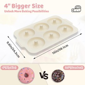 Toeusog 4 Inch Nonstick Silicone Donut Pan for Baking with Metal Frame, 1 Pack Large Donut Molds for Baking, 6 Cavity Doughnut Pan for Oven and Full-size Bagel Trays Non Toxic with Handle, (Beige)