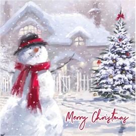 Pack of 12 Square Foil Christmas Cards - Snowman, Robin & Postbox with Glitter