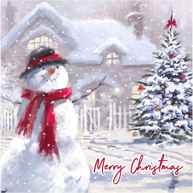 Pack of 12 Square Foil Christmas Cards - Snowman, Robin