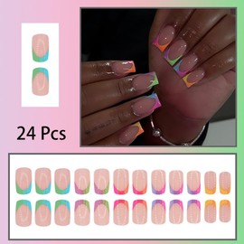 24 Pcs French Tip Press on Nails Short Square Colorful French Tip Design Fake Nails Reusable False Nails Full Cover Glossy Glue on Nails Nude Acrylic Nails for Women Manicure Decor