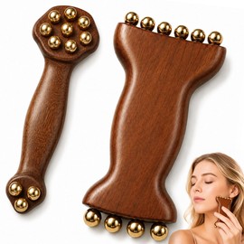Sandalwood Brass Bead Face Massager and Lymphatic Drainage Tool, Painless Hot and Cold Gua Sha Set for Wrinkles, Puffy Eyes and Muscle Relief during Daily Skincare, 2 Pcs Wood and Brass Massagers