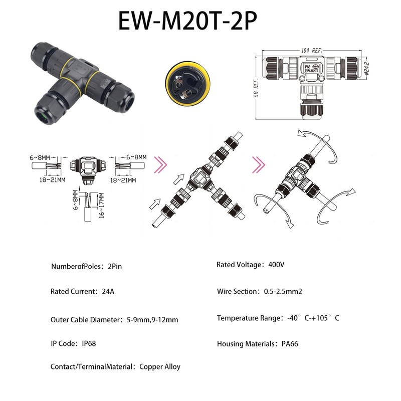 KLJ Waterproof Cable Connector, IP68 Connection Terminals, 2-Pin M20 Plug,
