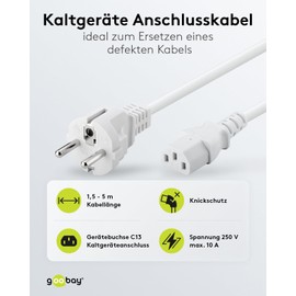 Goobay 96038 IEC Cable 1.5 m / C13 IEC Socket & Power Plug Protective Contact Plug / Universal Monitor Power Cable / C13 Power Cable / White / 1.50 m