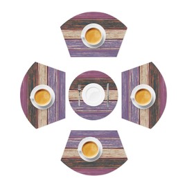 Round Table Placemats Set of 5 Colorful Barn Wood, Western Country Wood Grain Wedge Placemats with Centerpiece Heat Resistant Non-Slip for Home Kitchen Dining Party Table Decoration