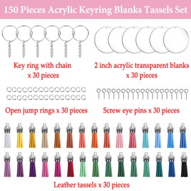 Duufin 400 Pieces Acrylic Key Ring Blanks Set with Leather Tassels Pendant Key Rings with Chain Acrylic Transparent Circle Blanks Jump Rings, Acrylic Discs Kit for Crafts