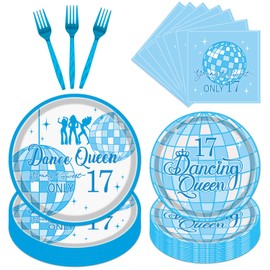 Aposwow 17 Birthday Decorations Supplies for Girls, 96PCS Dancing Young and Sweet Only 17 Queen Tableware, Disposable Paper Plates Napkins Set (Serve 24 Guests)
