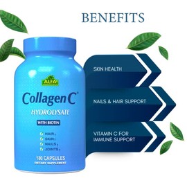 ALFA VITAMINS CollagenC Cápsulas de hidrolizado de colágeno con biotina, suplemento nutricional antienvejecimiento para rejuvenecimiento de piel, uñas